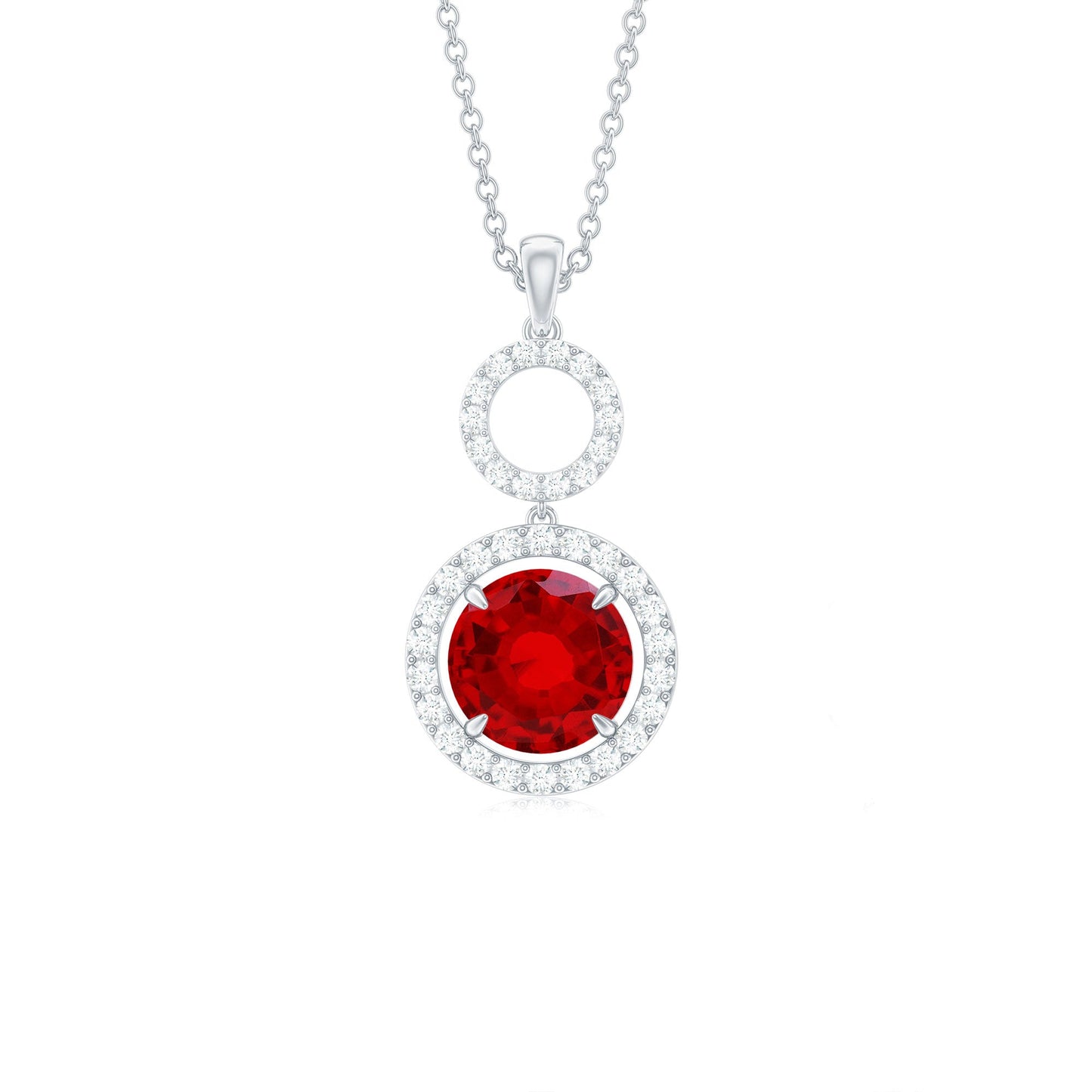 Lab Grown Ruby and Diamond Halo Dangle Pendant Necklace