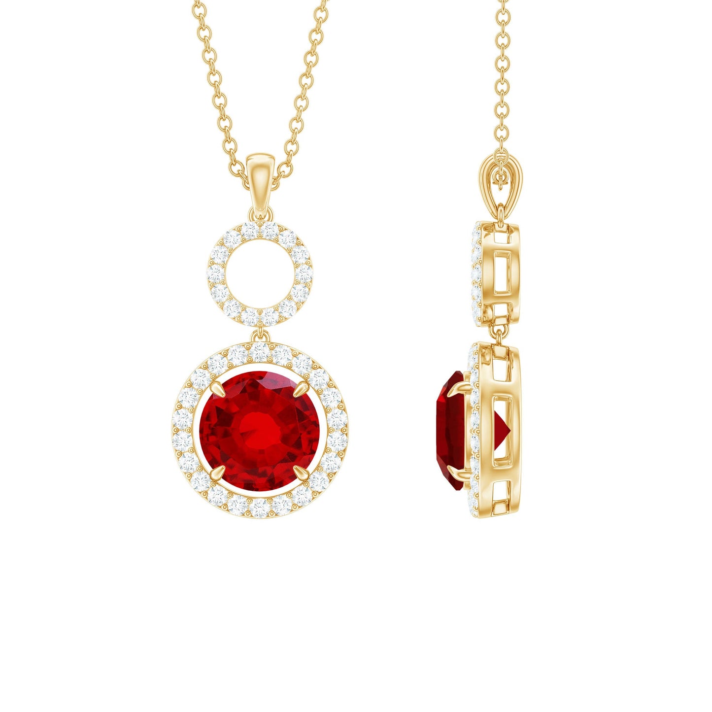 Lab Grown Ruby and Diamond Halo Dangle Pendant Necklace