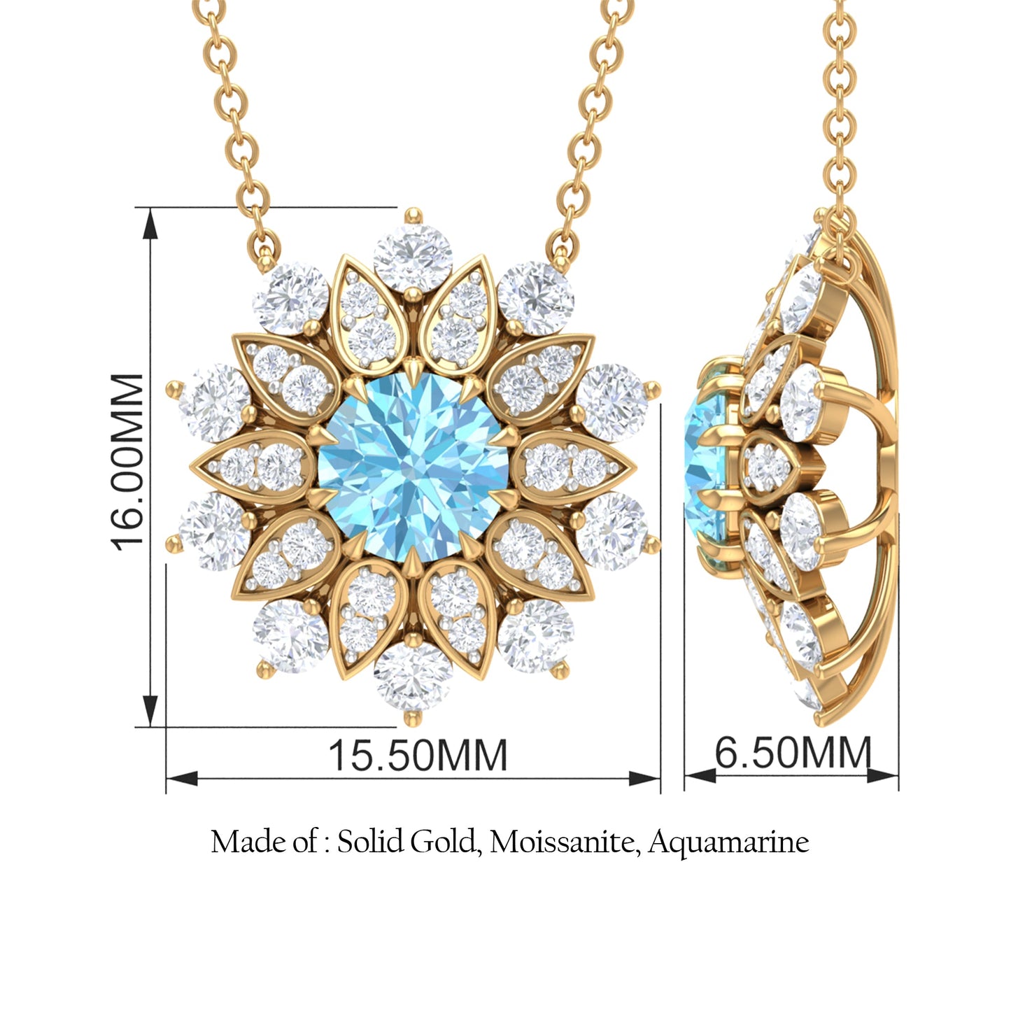 Certified Real Aquamarine Statement Flower Necklace with Moissanite