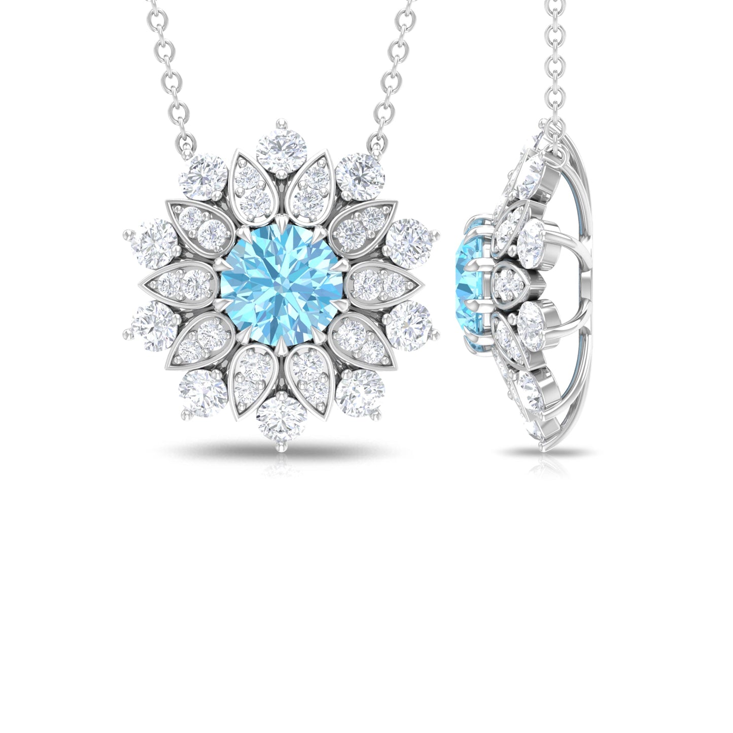 Certified Real Aquamarine Statement Flower Necklace with Moissanite