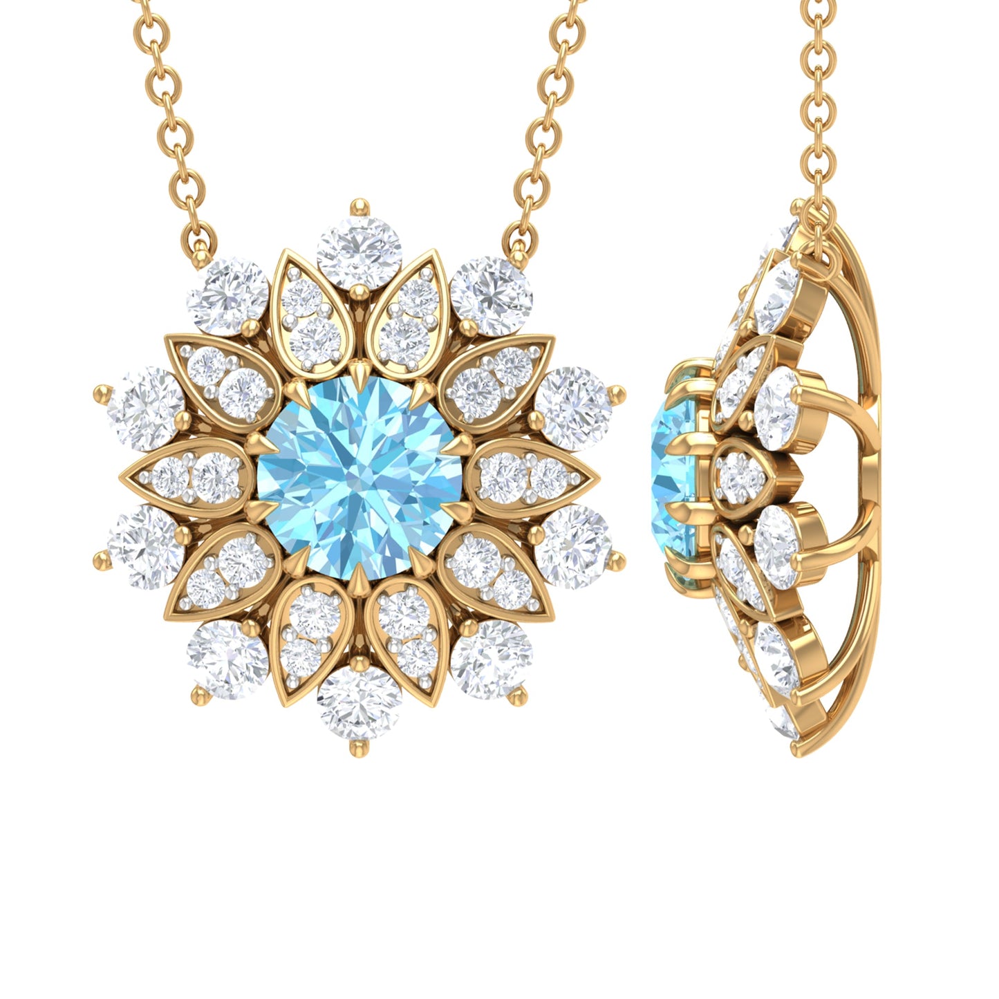 Certified Real Aquamarine Statement Flower Necklace with Moissanite