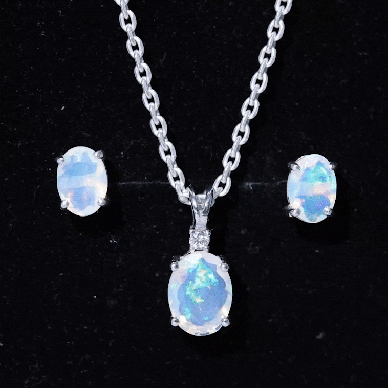 Real 3 Carat Oval Shaped Ethiopian Opal Solitaire Necklace Earrings Set with Diamond