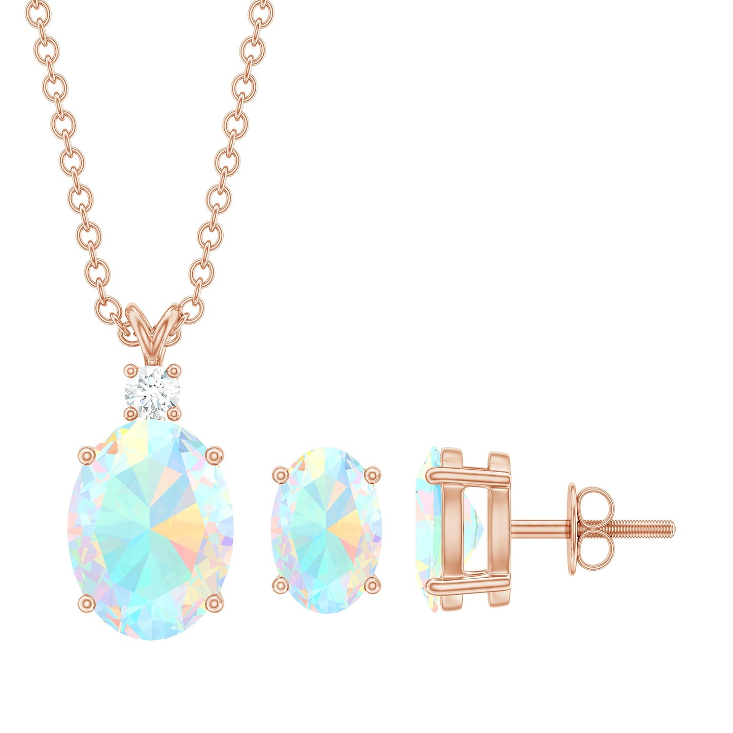 Real 3 Carat Oval Shaped Ethiopian Opal Solitaire Necklace Earrings Set with Diamond