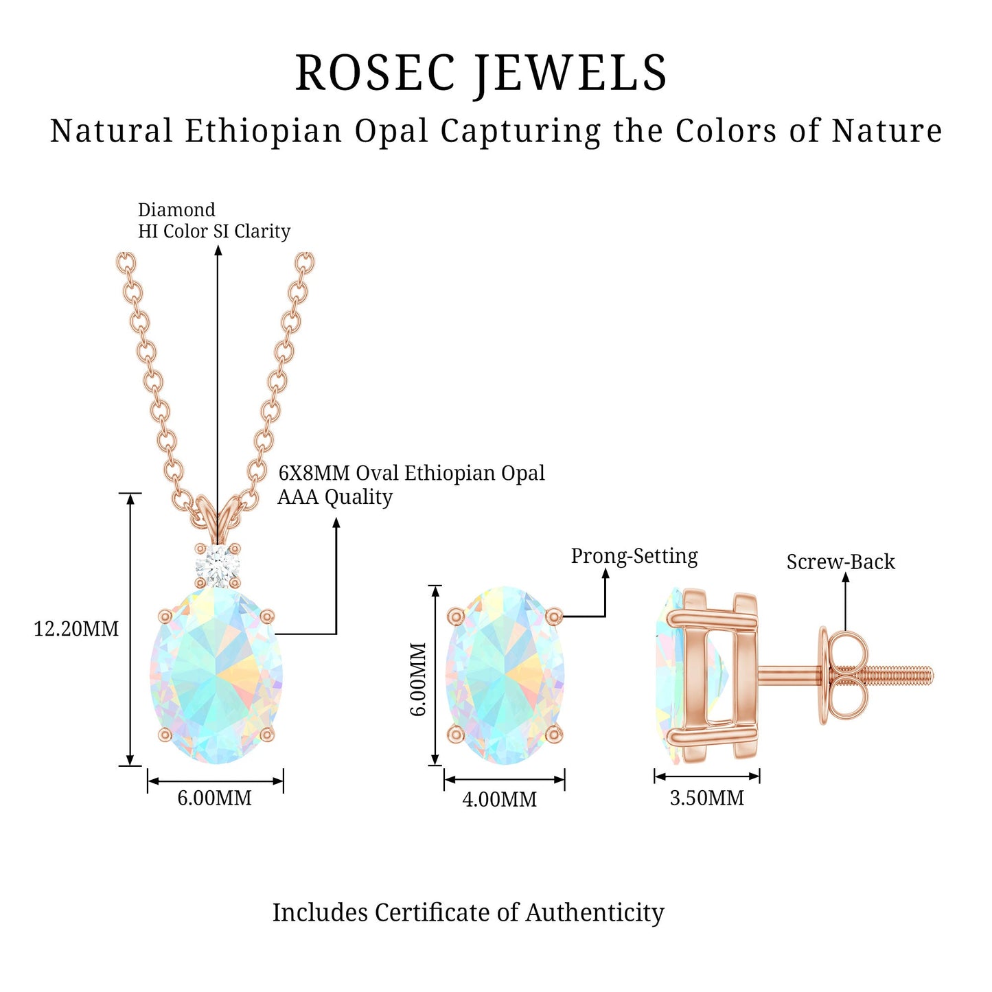 Real 3 Carat Oval Shaped Ethiopian Opal Solitaire Necklace Earrings Set with Diamond