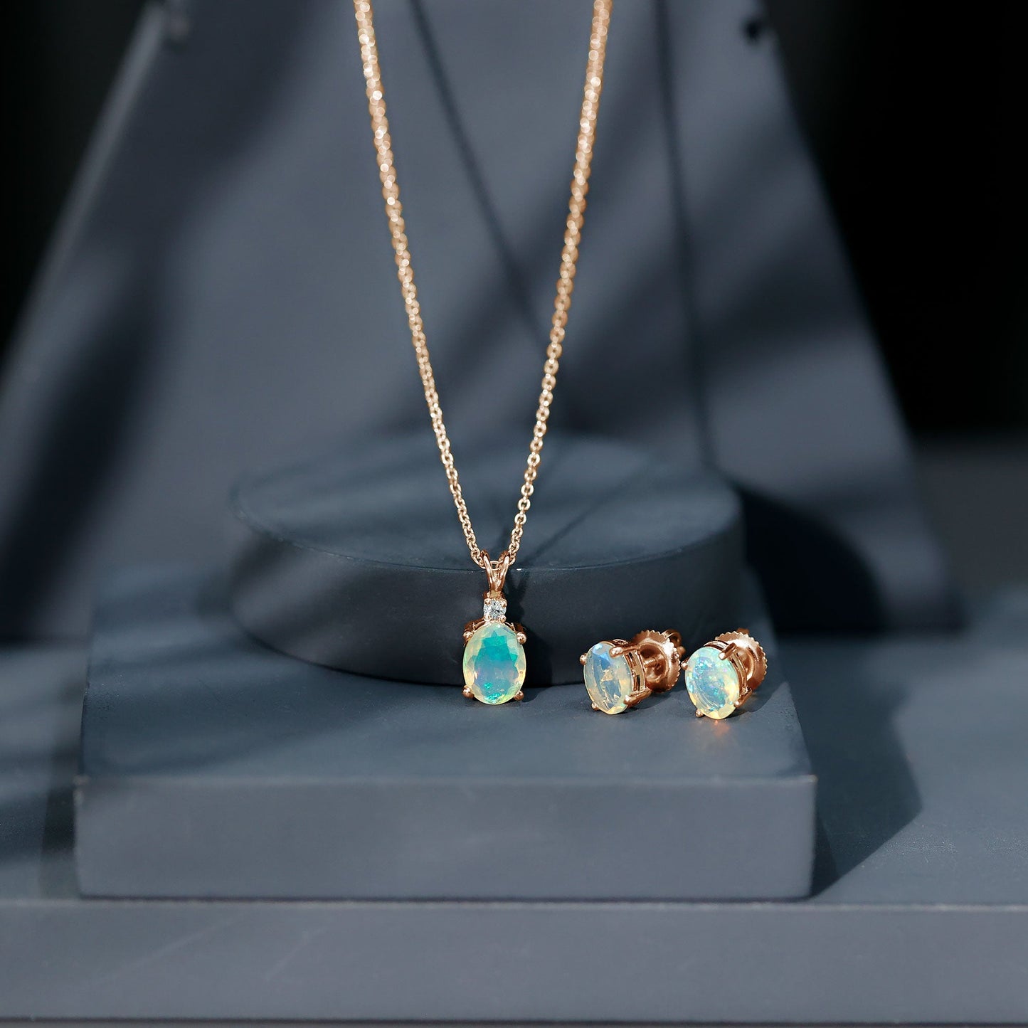 Real 3 Carat Oval Shaped Ethiopian Opal Solitaire Necklace Earrings Set with Diamond