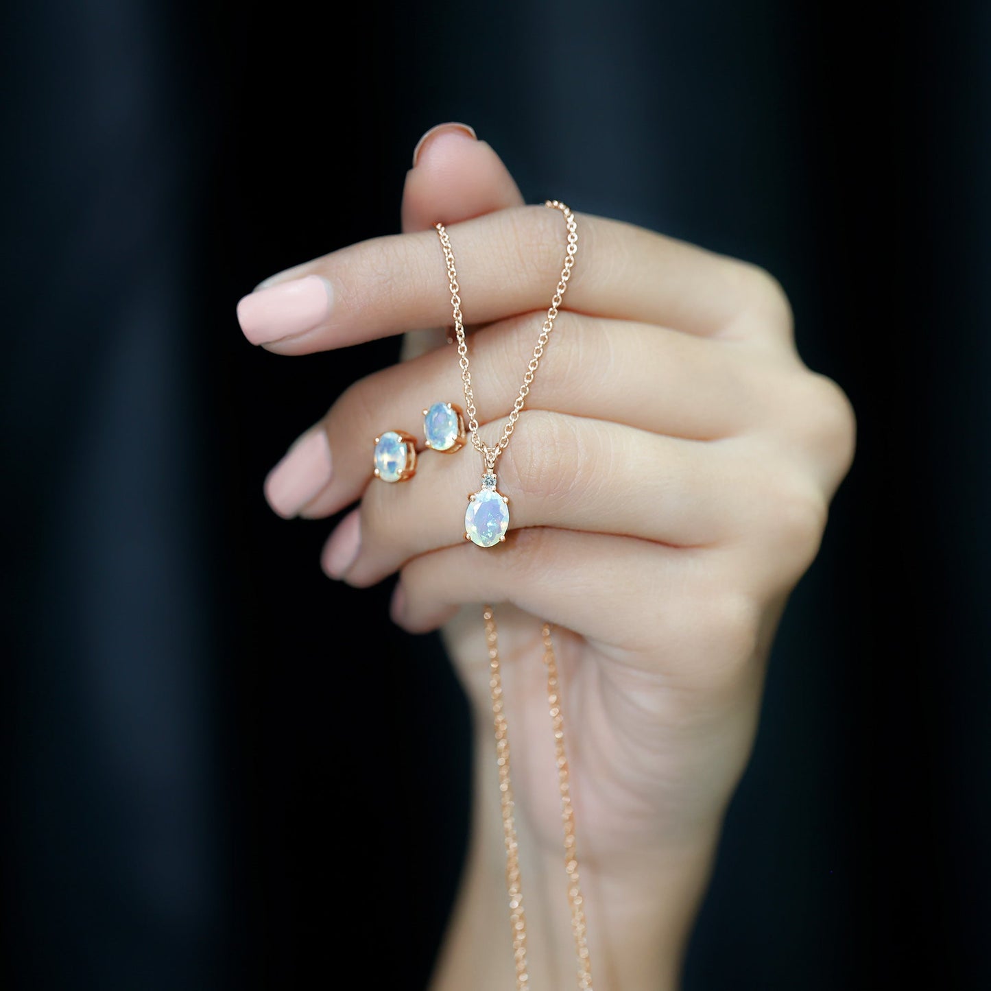 Real 3 Carat Oval Shaped Ethiopian Opal Solitaire Necklace Earrings Set with Diamond