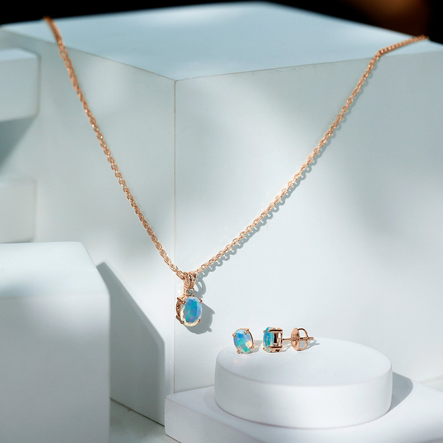 Real 3 Carat Oval Shaped Ethiopian Opal Solitaire Necklace Earrings Set with Diamond