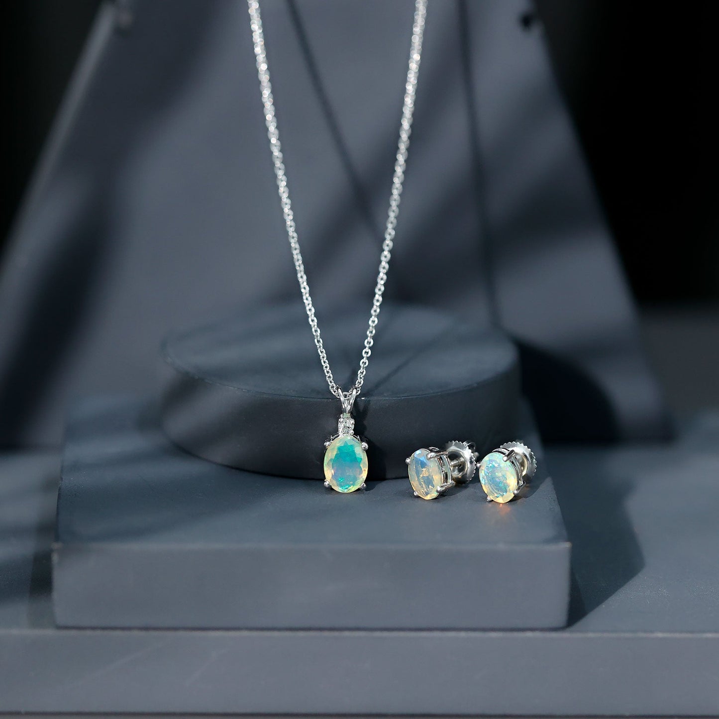Real 3 Carat Oval Shaped Ethiopian Opal Solitaire Necklace Earrings Set with Diamond