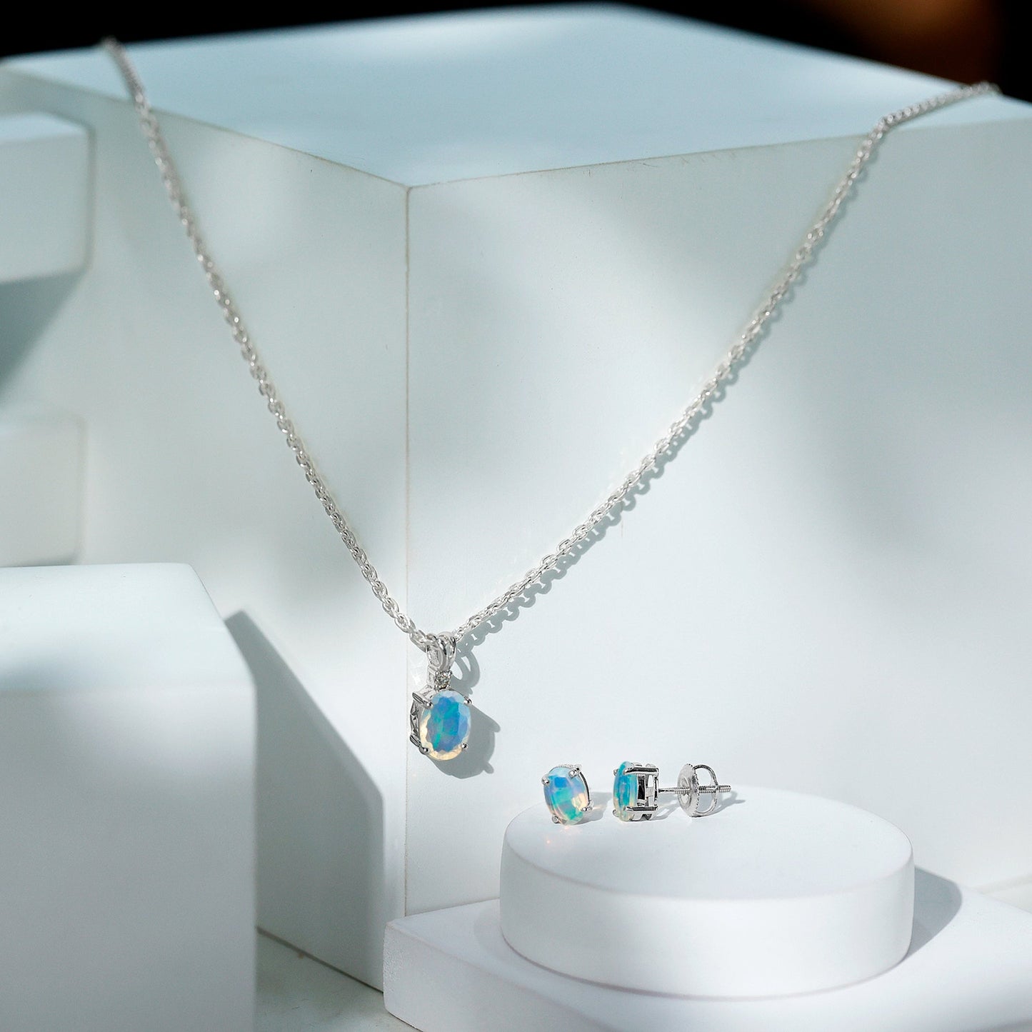 Real 3 Carat Oval Shaped Ethiopian Opal Solitaire Necklace Earrings Set with Diamond