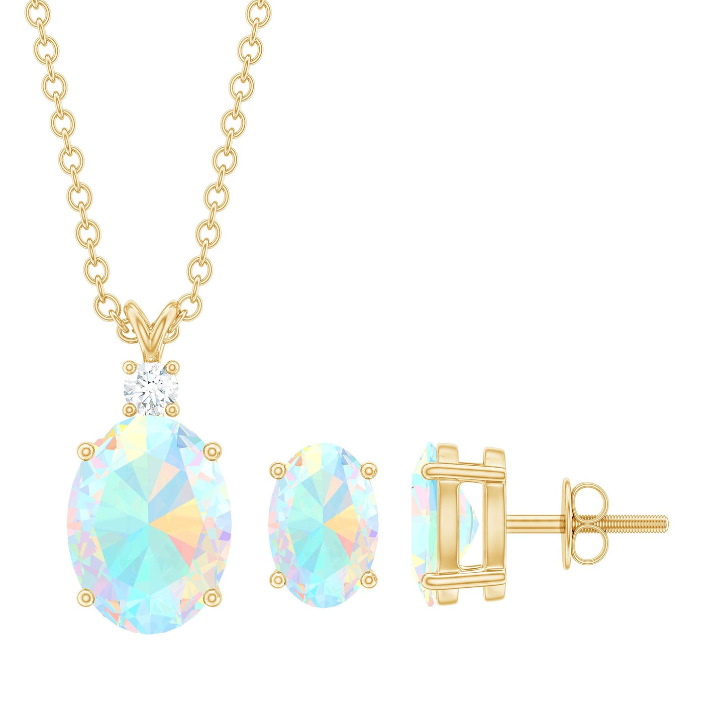 Real 3 Carat Oval Shaped Ethiopian Opal Solitaire Necklace Earrings Set with Diamond