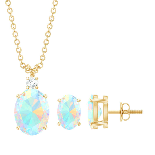 Real 3 Carat Oval Shaped Ethiopian Opal Solitaire Necklace Earrings Set with Diamond