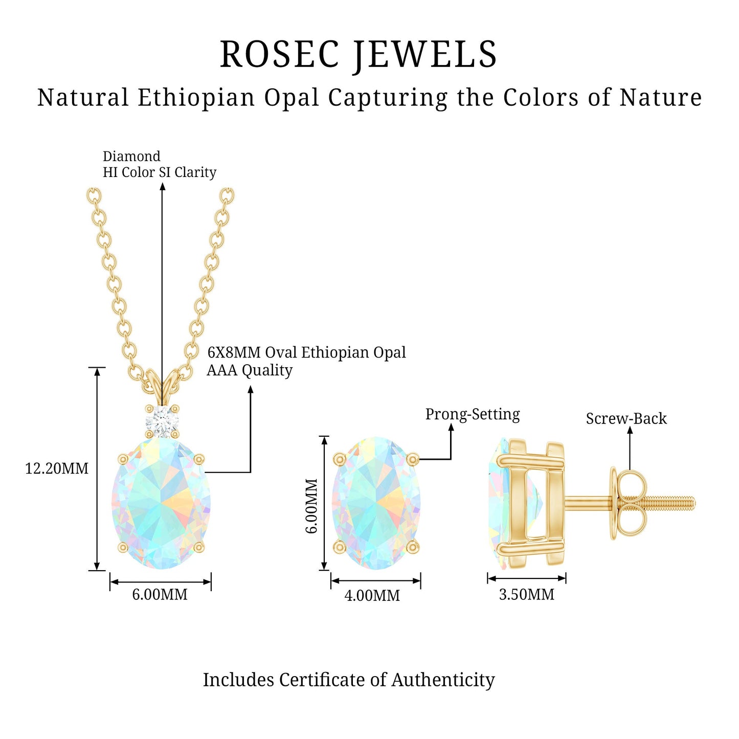Real 3 Carat Oval Shaped Ethiopian Opal Solitaire Necklace Earrings Set with Diamond