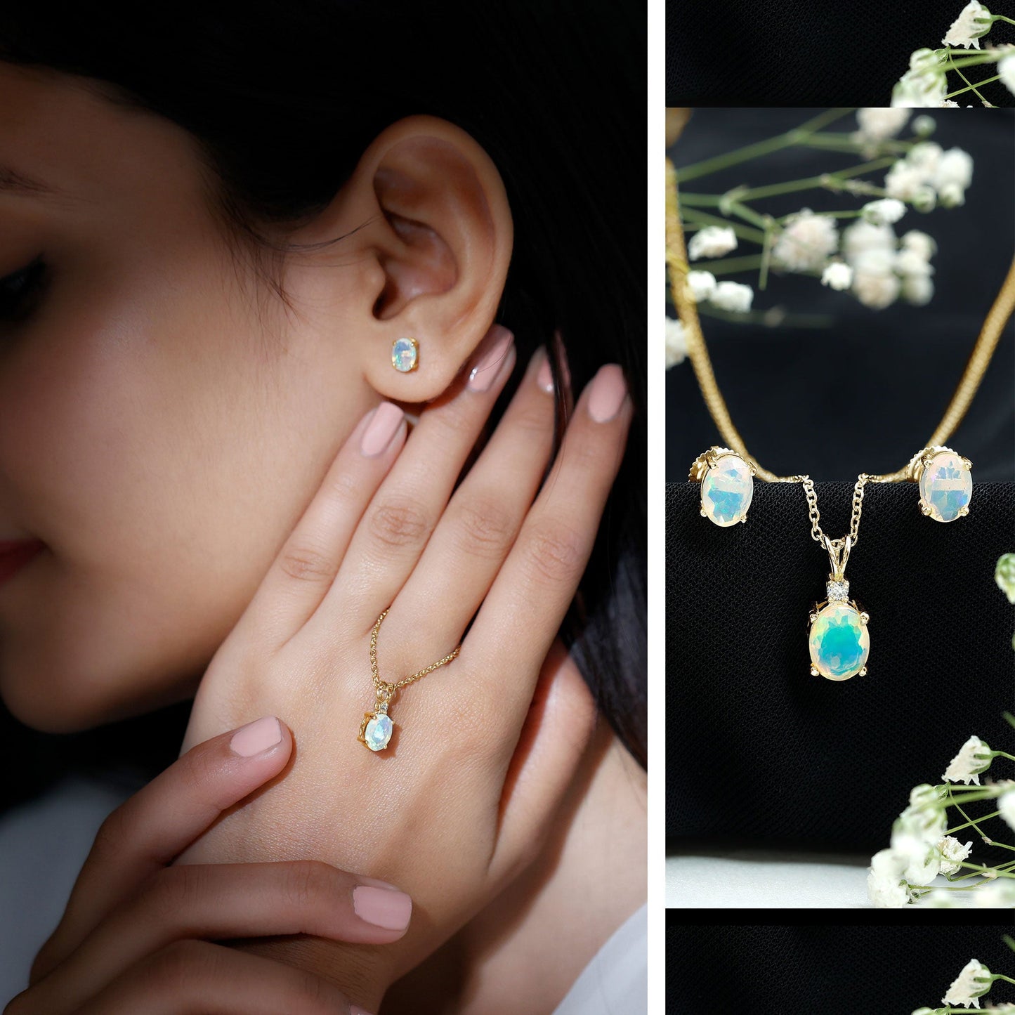 Real 3 Carat Oval Shaped Ethiopian Opal Solitaire Necklace Earrings Set with Diamond