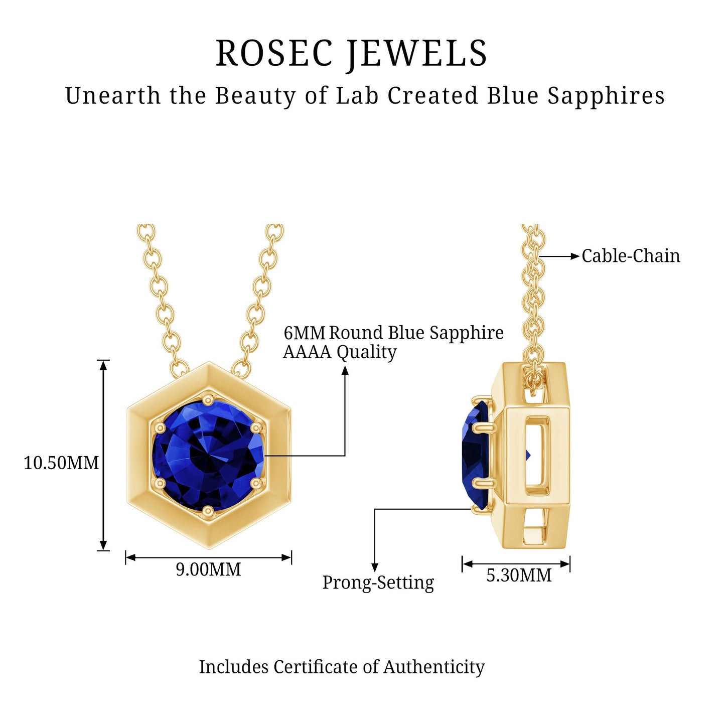 1 Carat Lab Grown Blue Sapphire Hexagon Necklace for Women