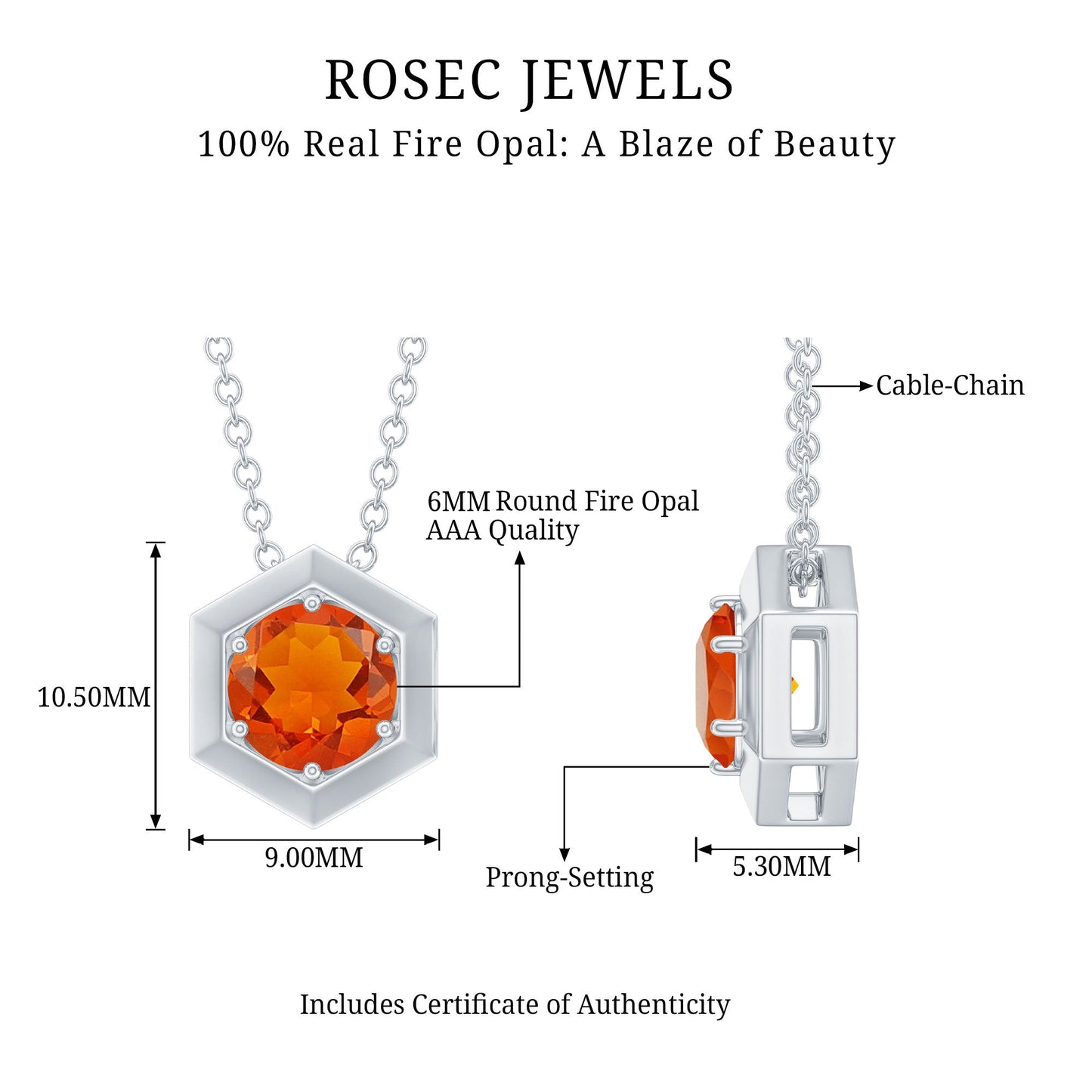 0.75 CT Natural Fire Opal Solitaire Pendant in 6 Prong Setting