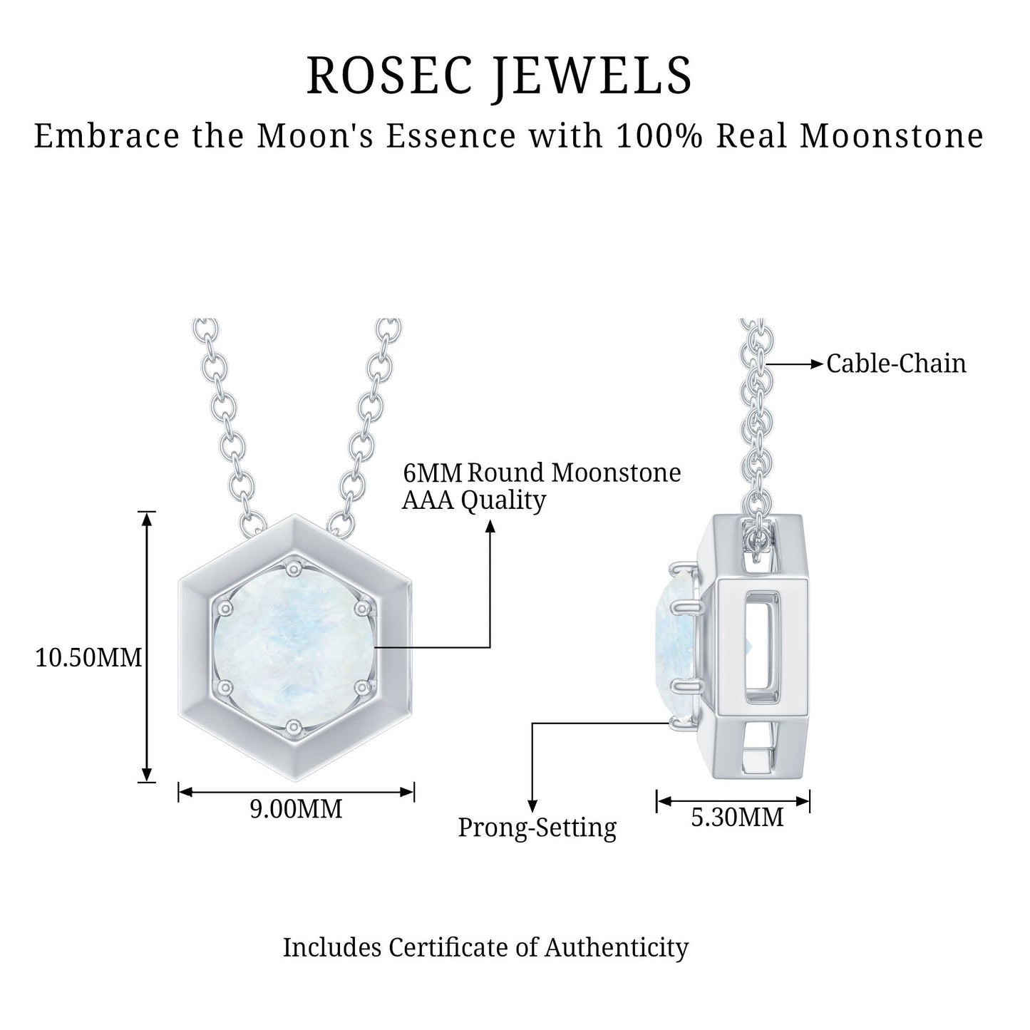 Solitaire Moonstone Hexagon Pendant Necklace