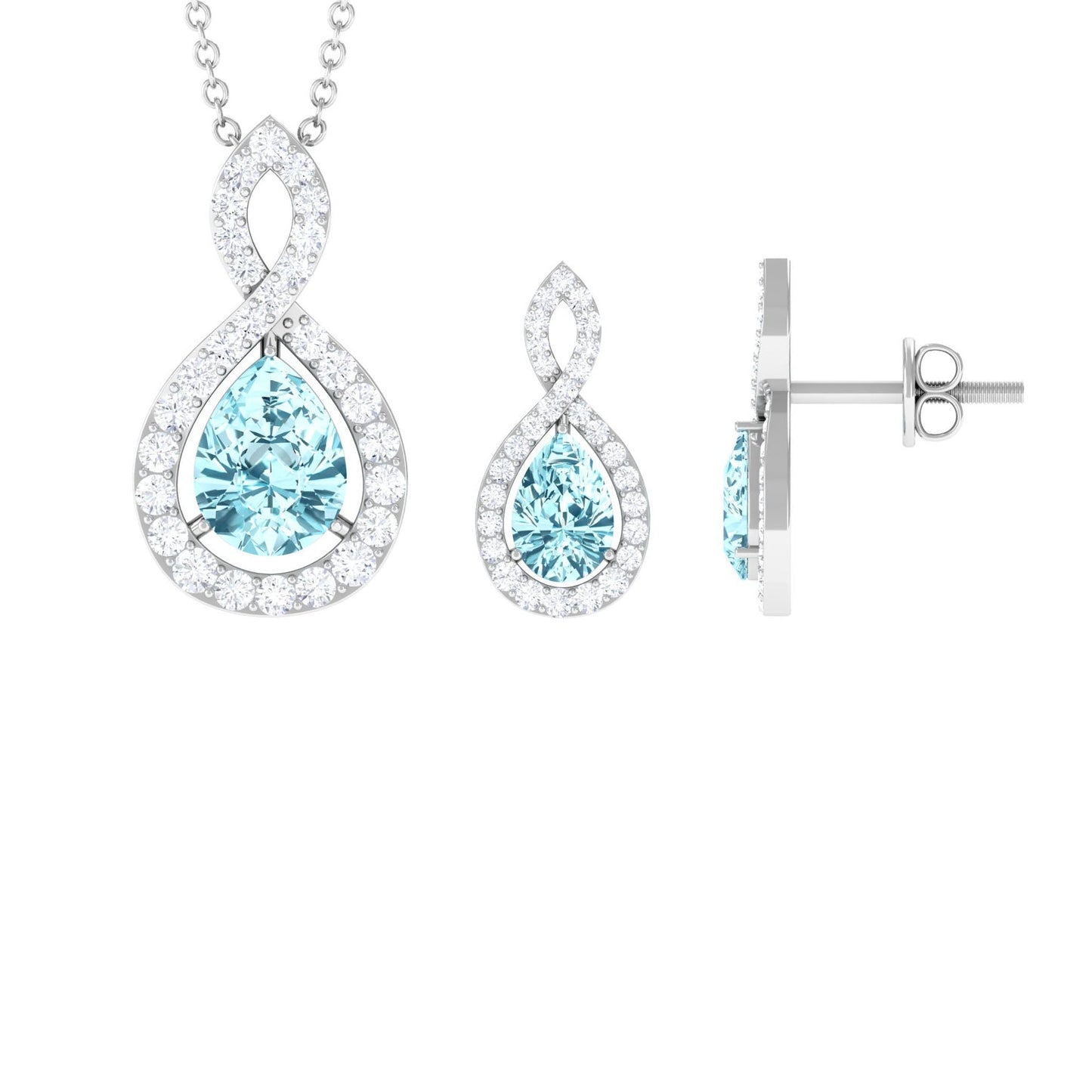 Natural Aquamarine Infinity Pendant Earrings Set for Women