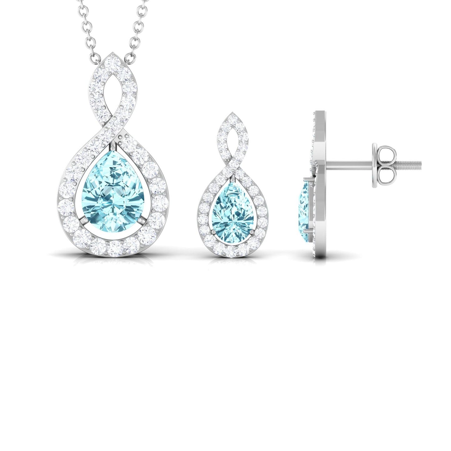 Natural Aquamarine Infinity Pendant Earrings Set for Women