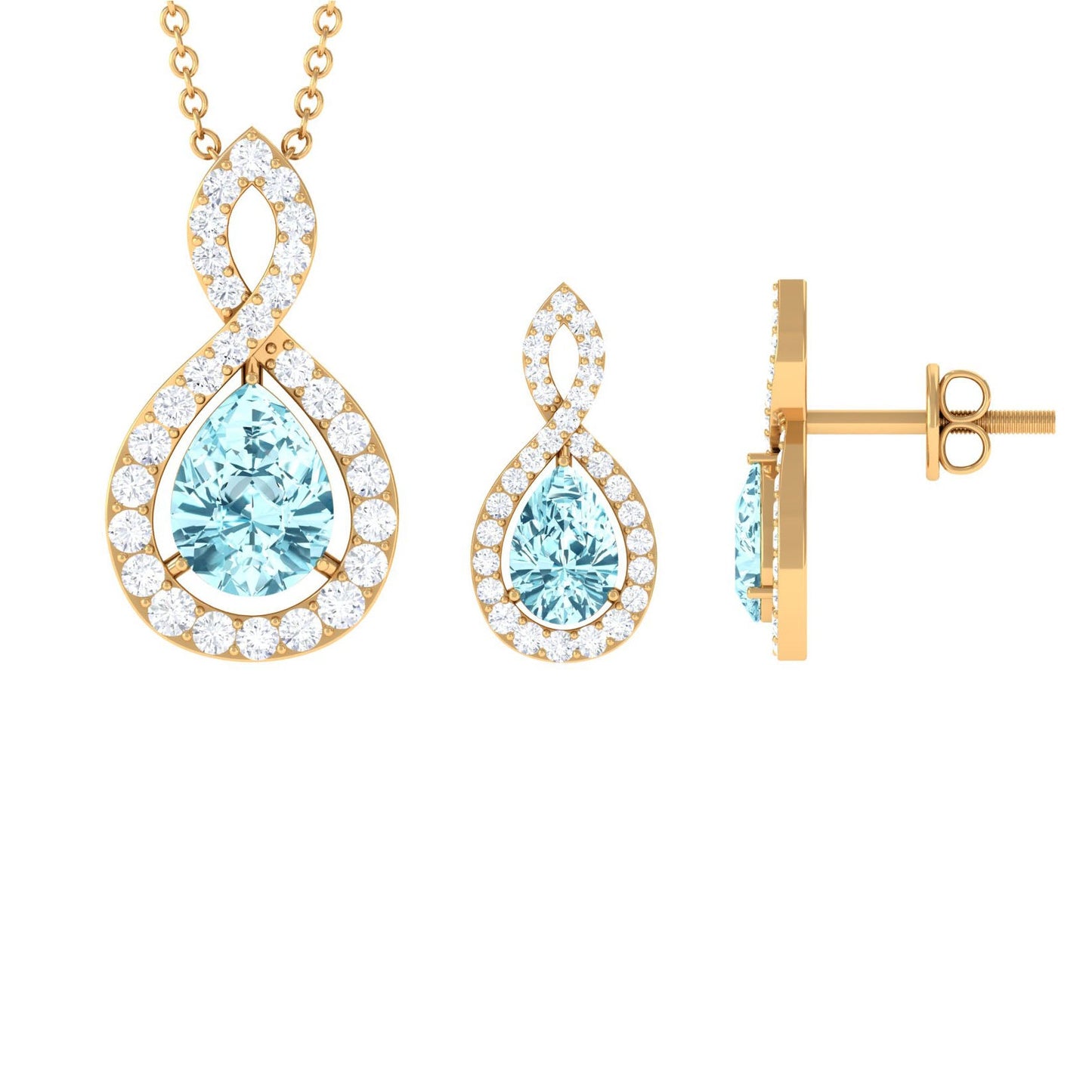 Natural Aquamarine Infinity Pendant Earrings Set for Women