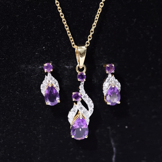 Real Amethyst and Diamond Bridal Dangle Necklace Earrings Set