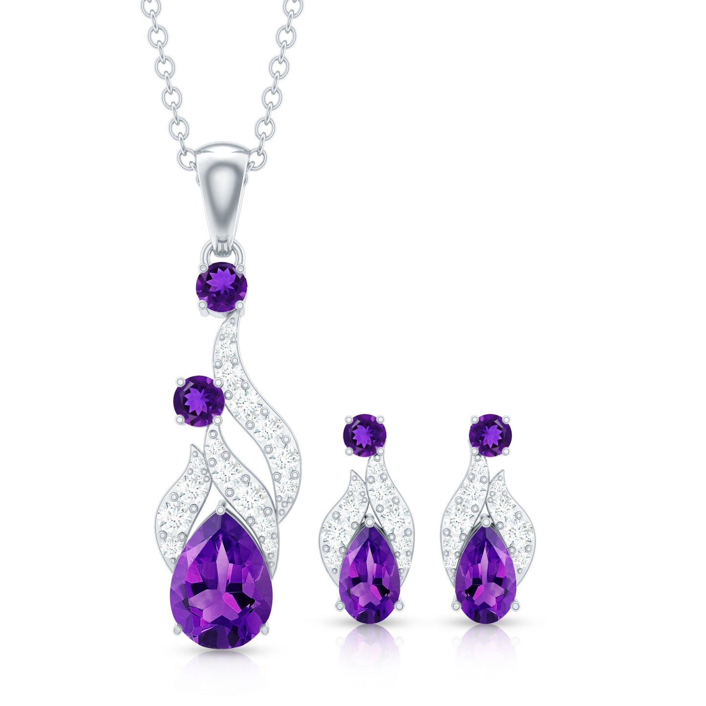 Real Amethyst and Diamond Bridal Dangle Necklace Earrings Set