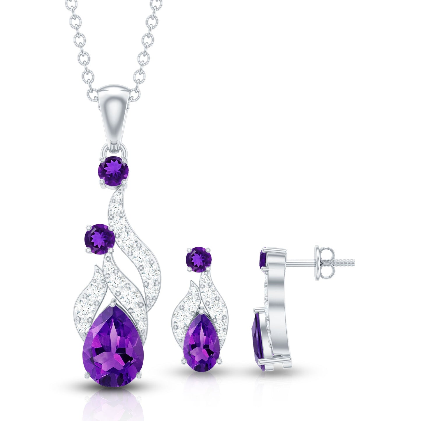 Real Amethyst and Diamond Bridal Dangle Necklace Earrings Set