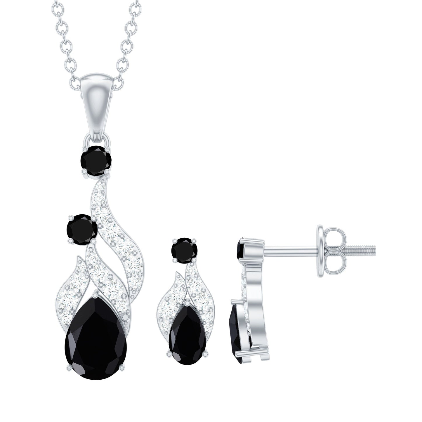 Natural Black Onyx Drop Pendant and Earrings Set with Diamond
