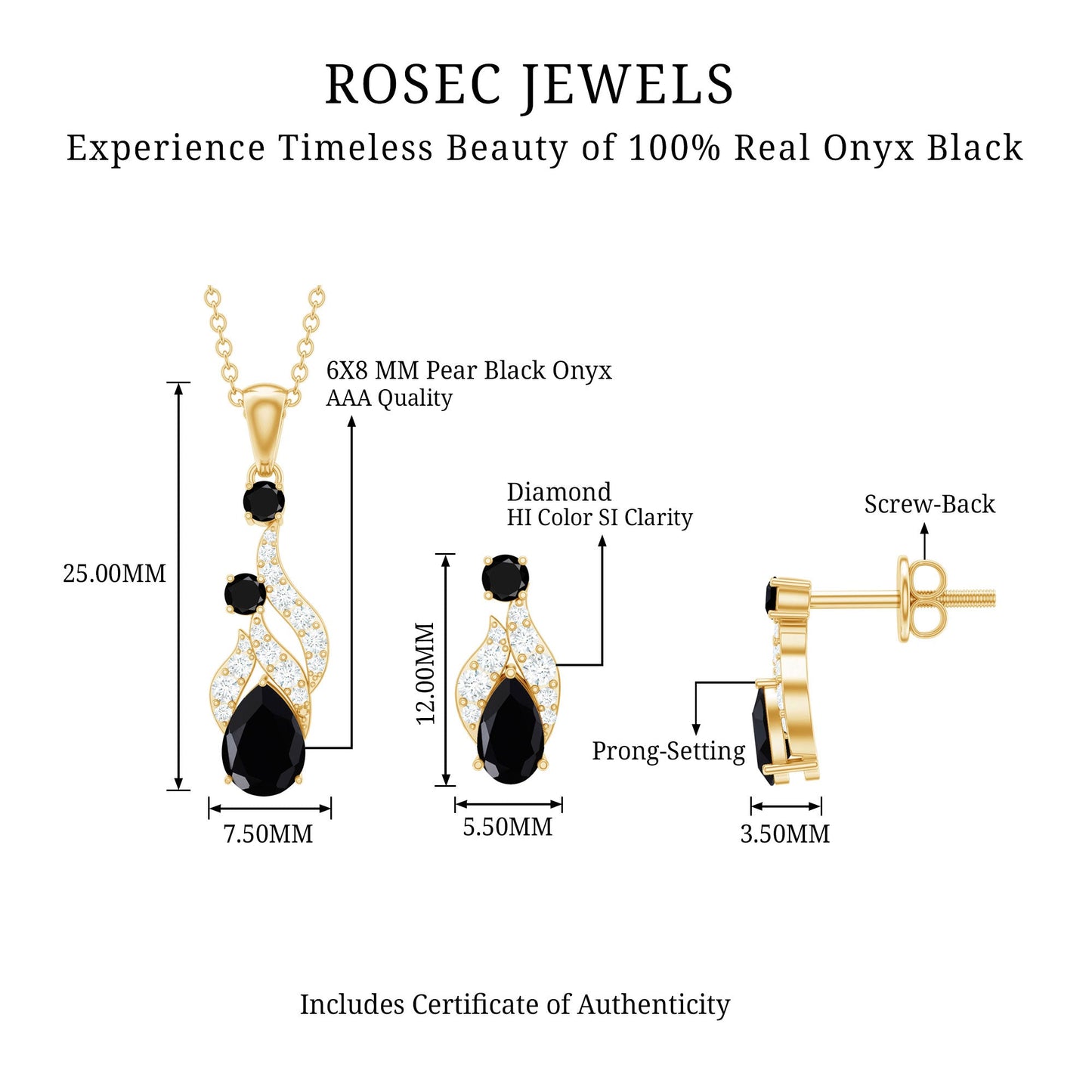 Natural Black Onyx Drop Pendant and Earrings Set with Diamond