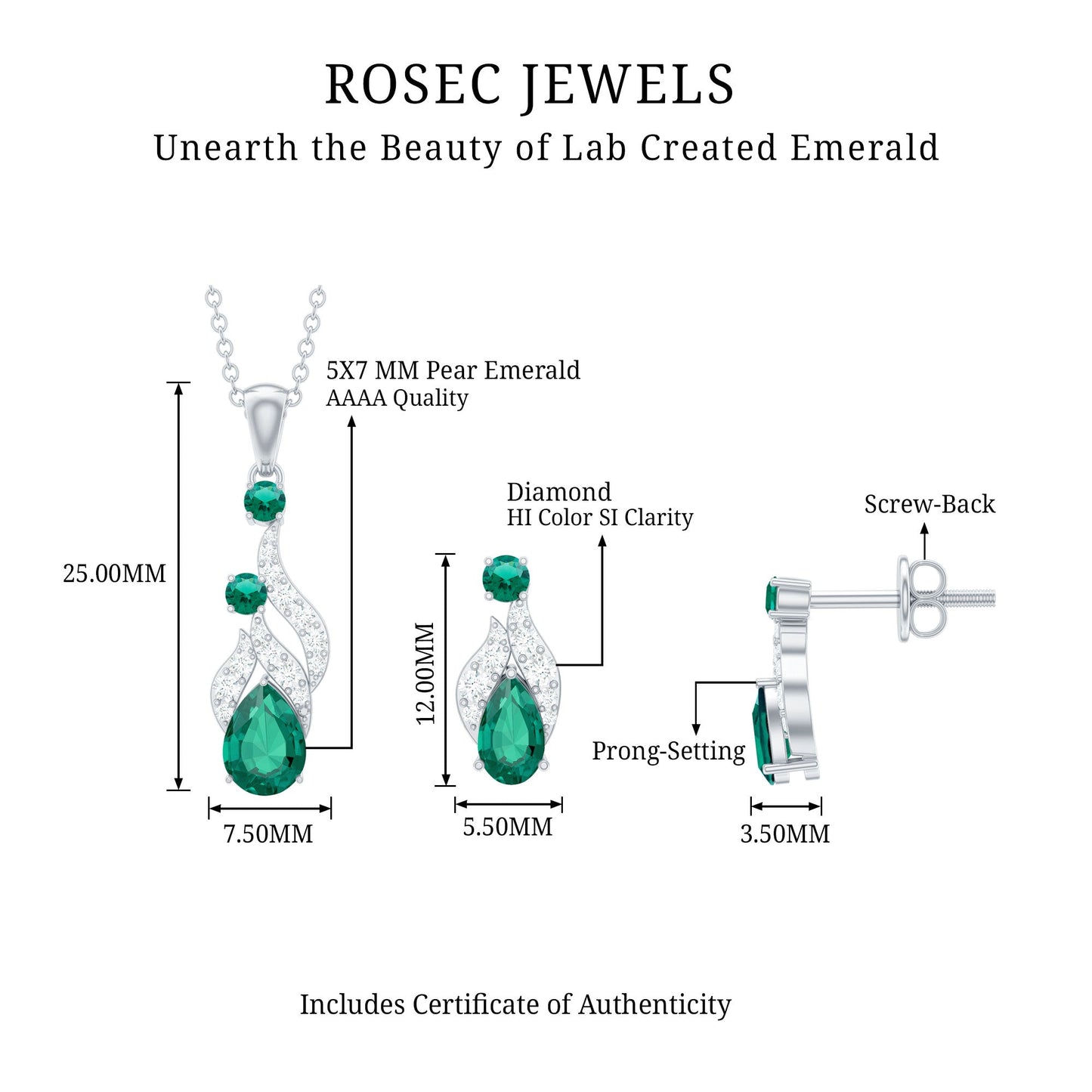 Lab Created Emerald and Diamond Designer Jewelry Set