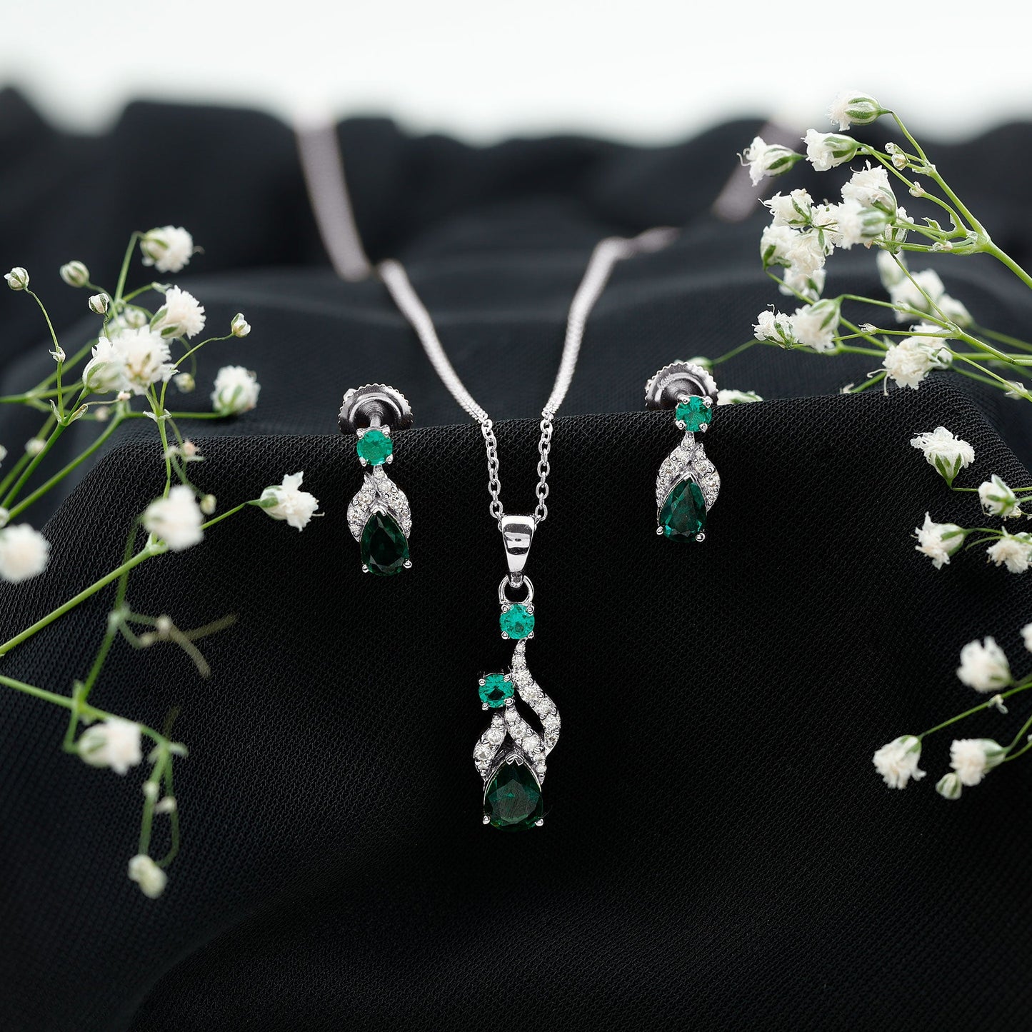 Lab Created Emerald and Diamond Designer Jewelry Set