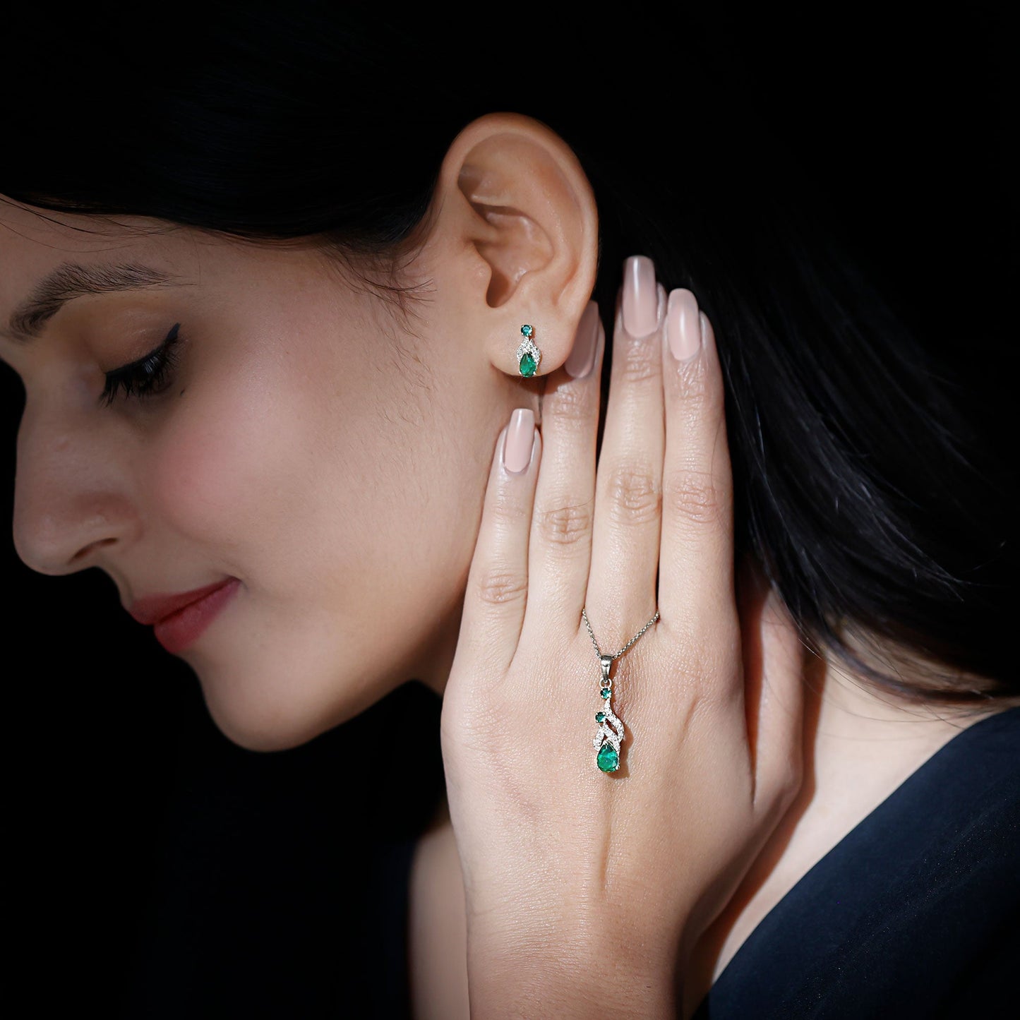 Lab Created Emerald and Diamond Designer Jewelry Set