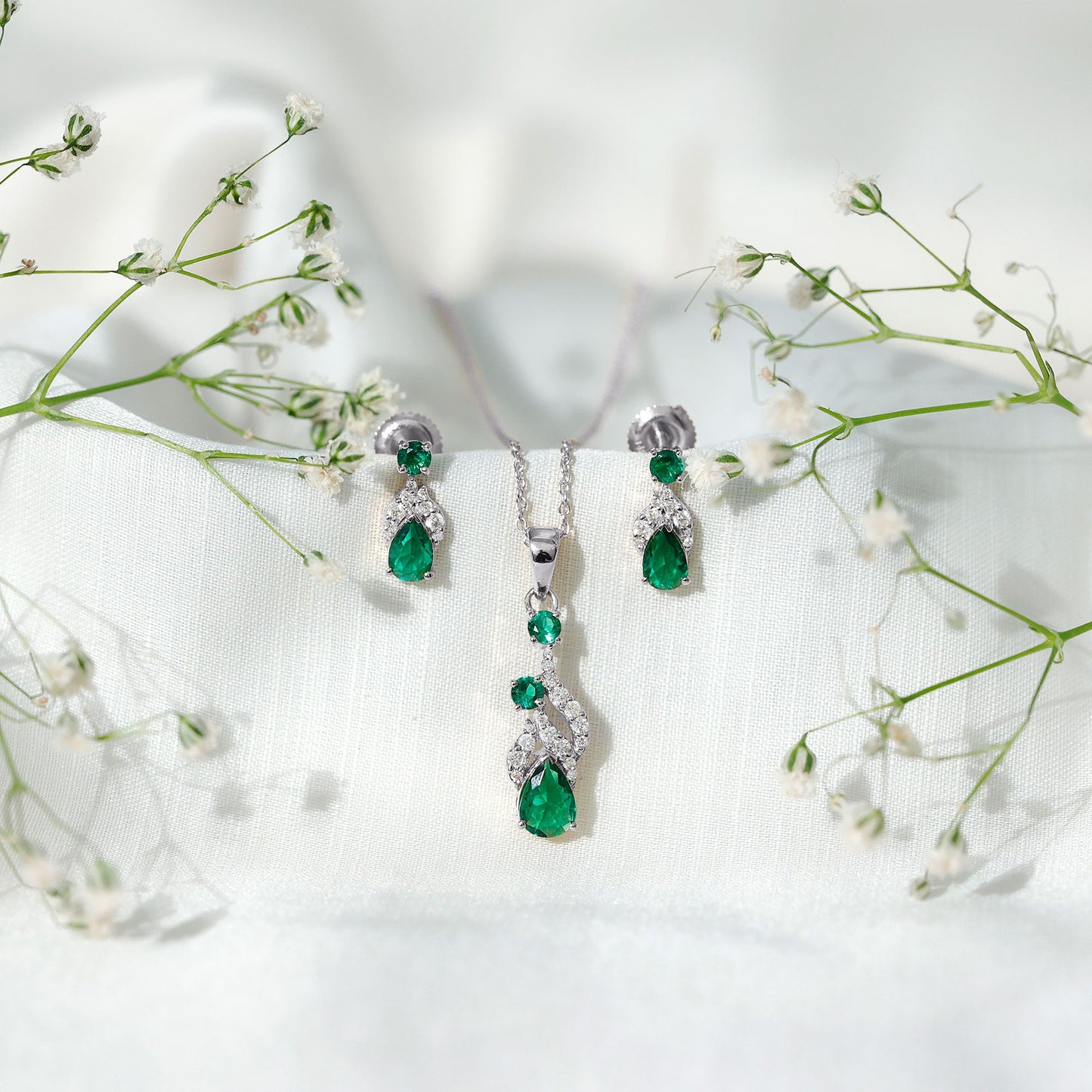 Lab Created Emerald and Diamond Designer Jewelry Set