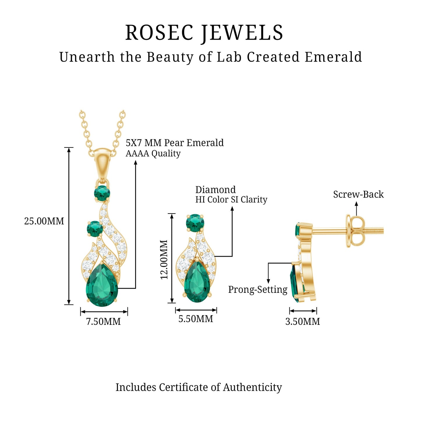 Lab Created Emerald and Diamond Designer Jewelry Set