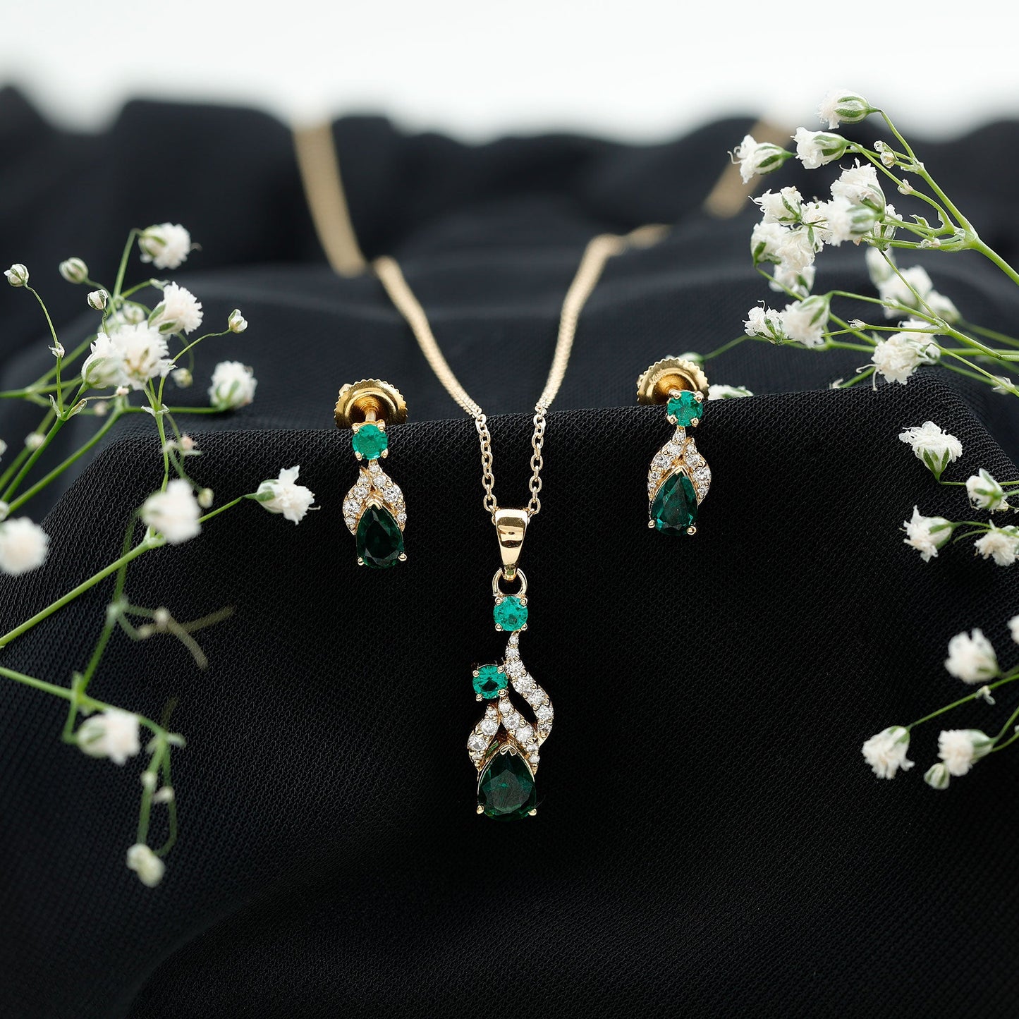 Lab Created Emerald and Diamond Designer Jewelry Set