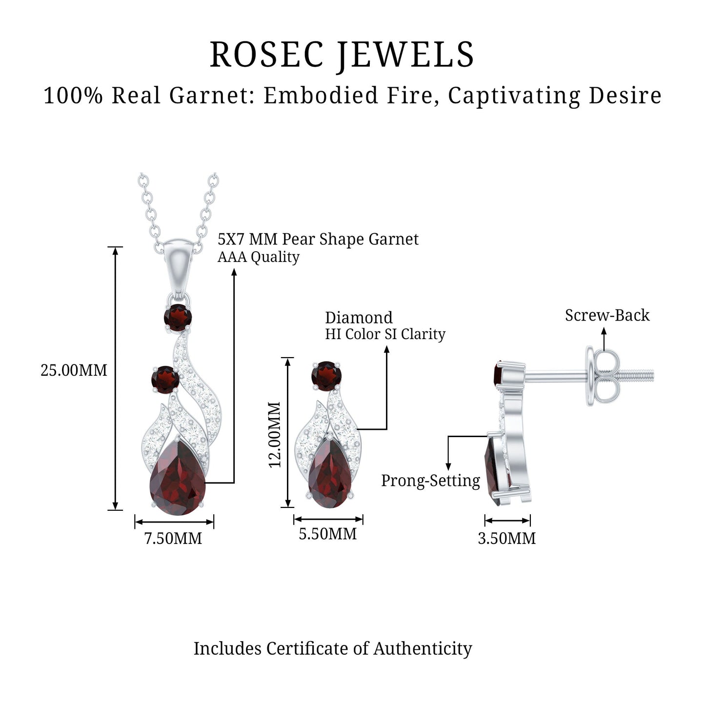 Garnet and Diamond Bridal Dangle Pendant and Earrings Set