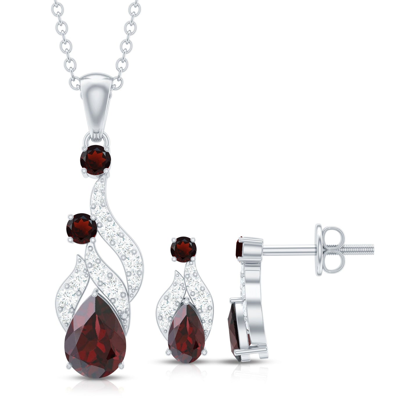 Garnet and Diamond Bridal Dangle Pendant and Earrings Set