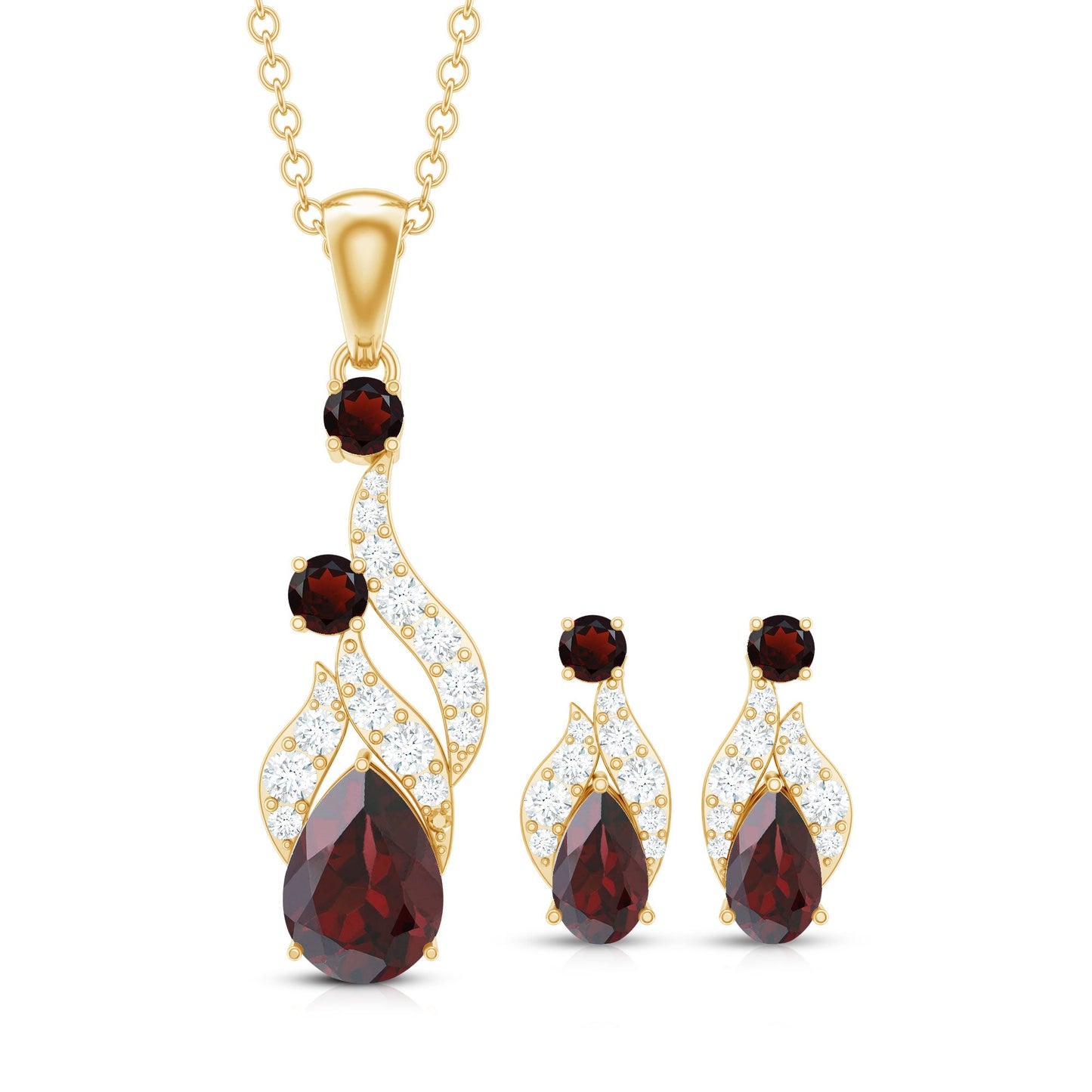 Garnet and Diamond Bridal Dangle Pendant and Earrings Set