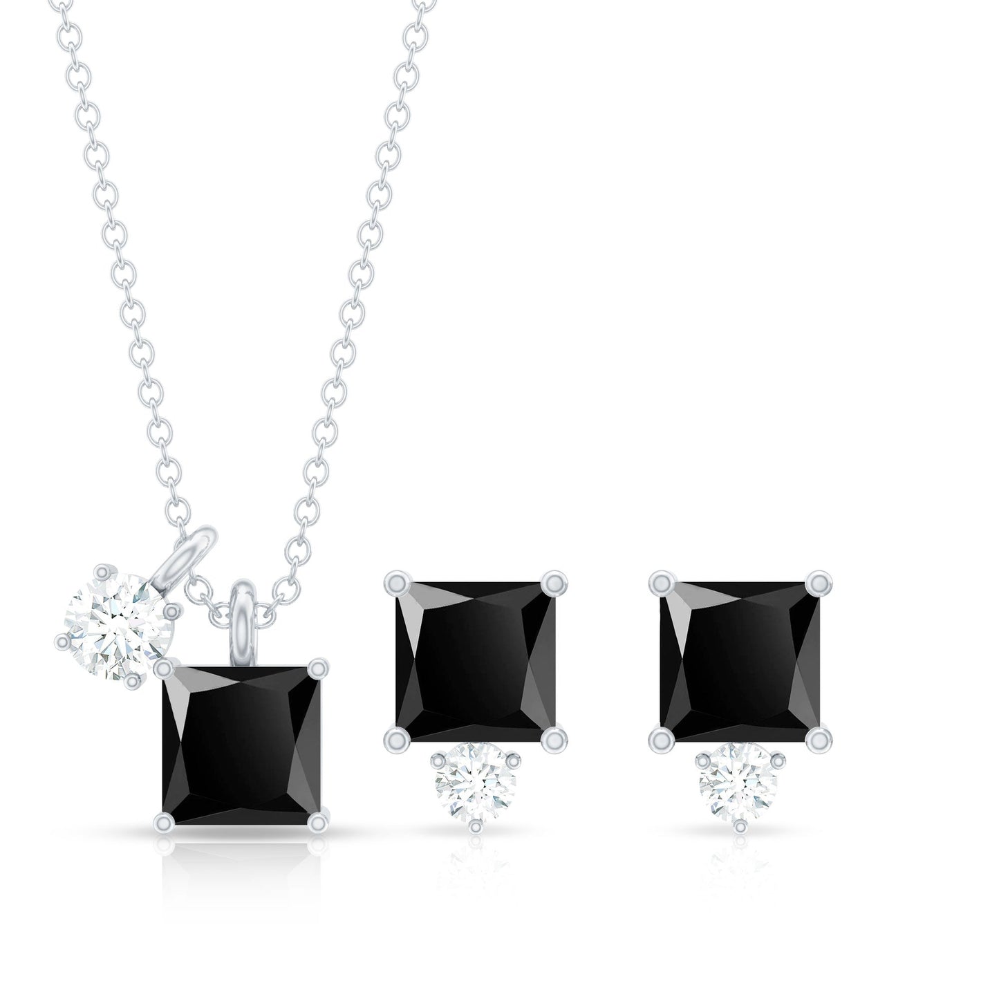 Natural Princess Cut Black Onyx Pendant and Earrings Set with Diamond
