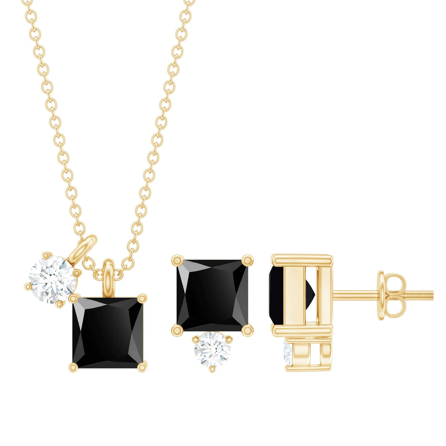 Natural Princess Cut Black Onyx Pendant and Earrings Set with Diamond