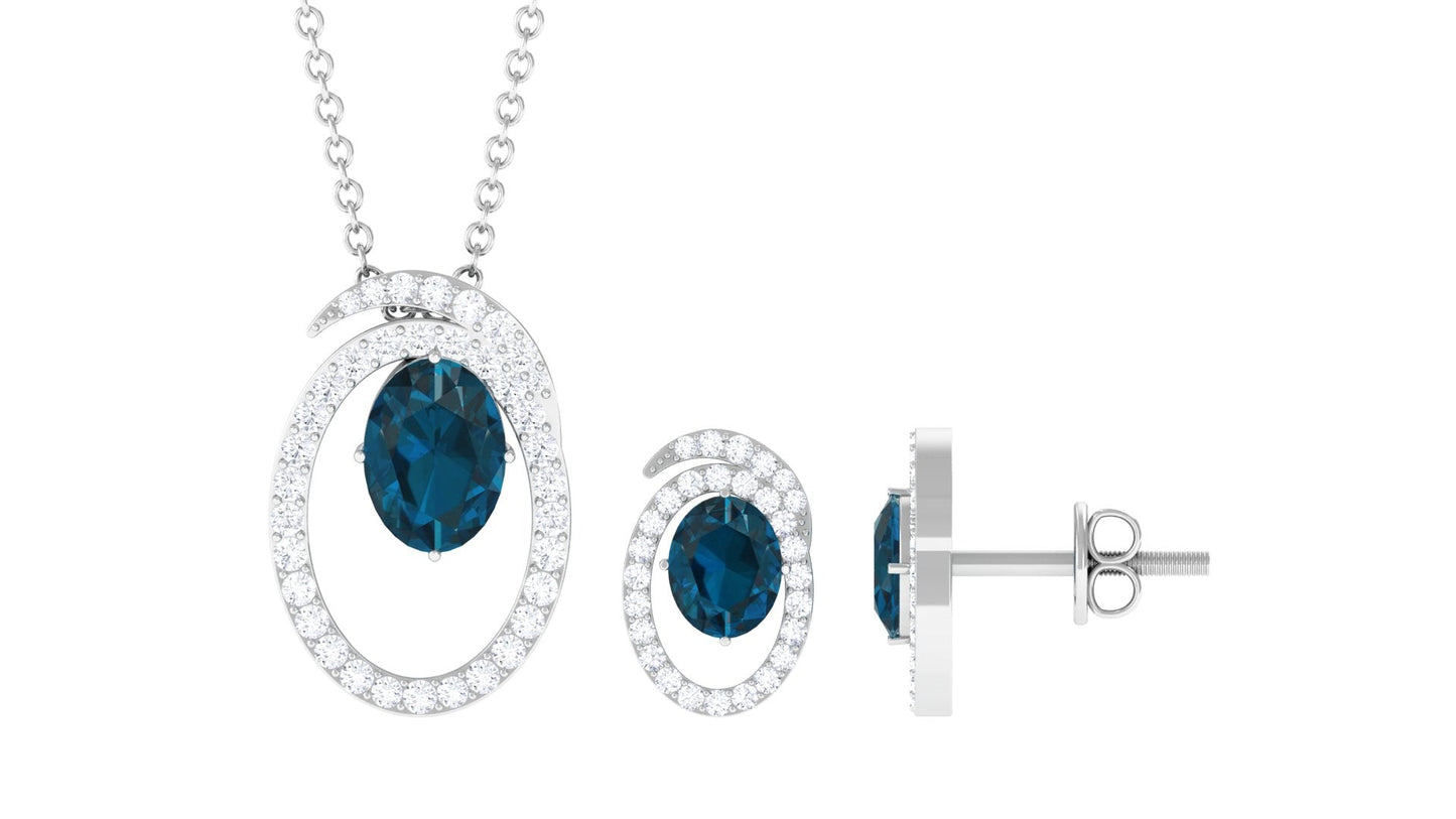 Genuine 1 Carat Oval London Blue Topaz and Diamond Necklace and Earrings Set