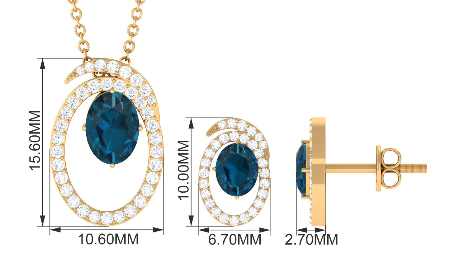 Genuine 1 Carat Oval London Blue Topaz and Diamond Necklace and Earrings Set