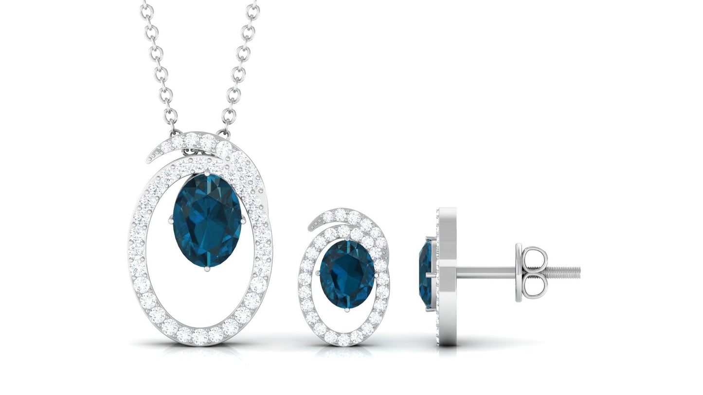 Genuine 1 Carat Oval London Blue Topaz and Diamond Necklace and Earrings Set
