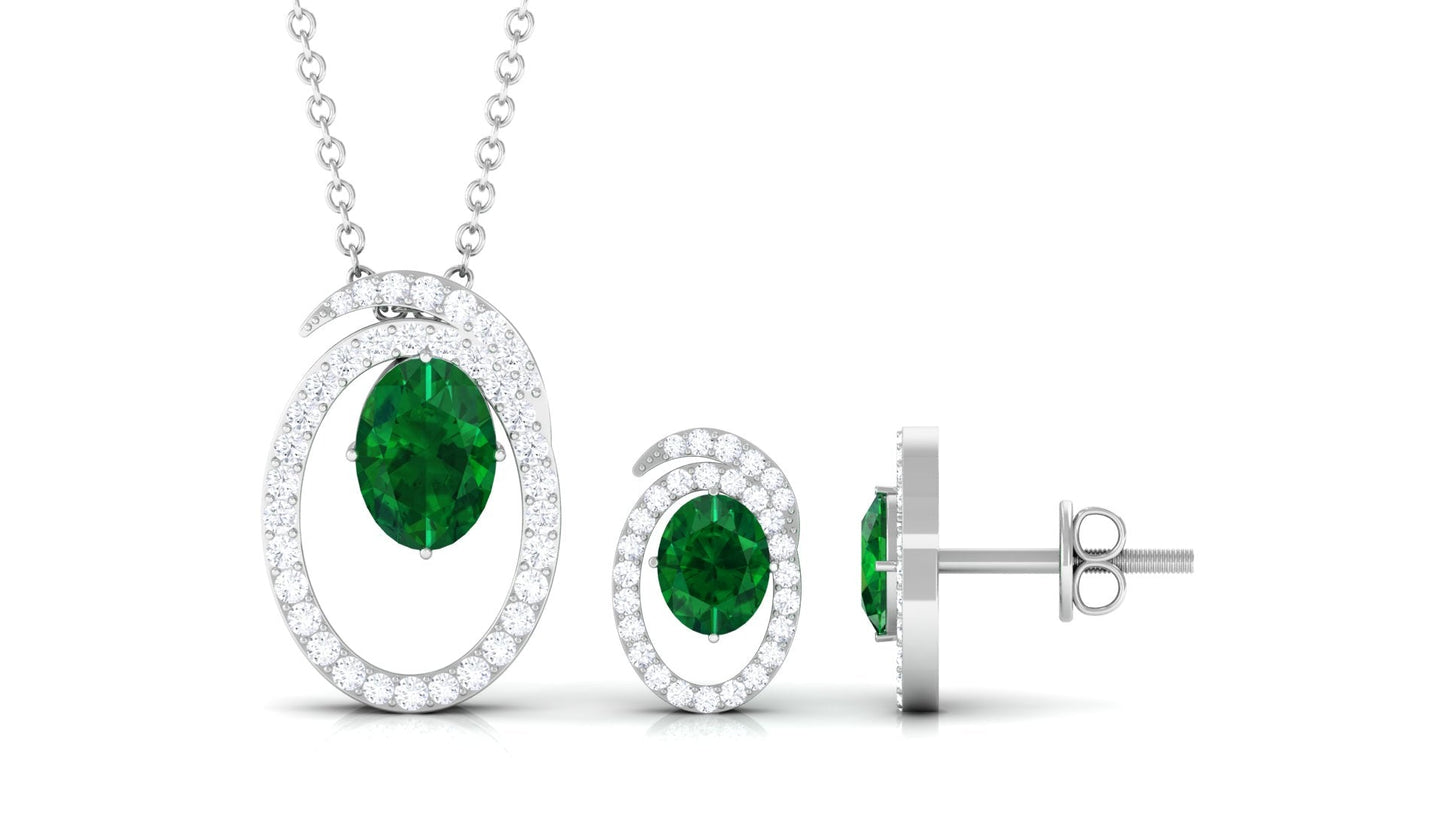 Oval Cut Lab Created Emerald and Moissanite Necklace With Earrings