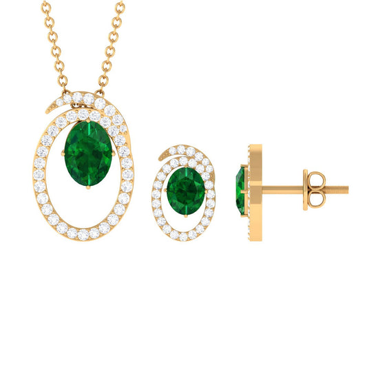 Oval Cut Lab Created Emerald and Moissanite Necklace With Earrings
