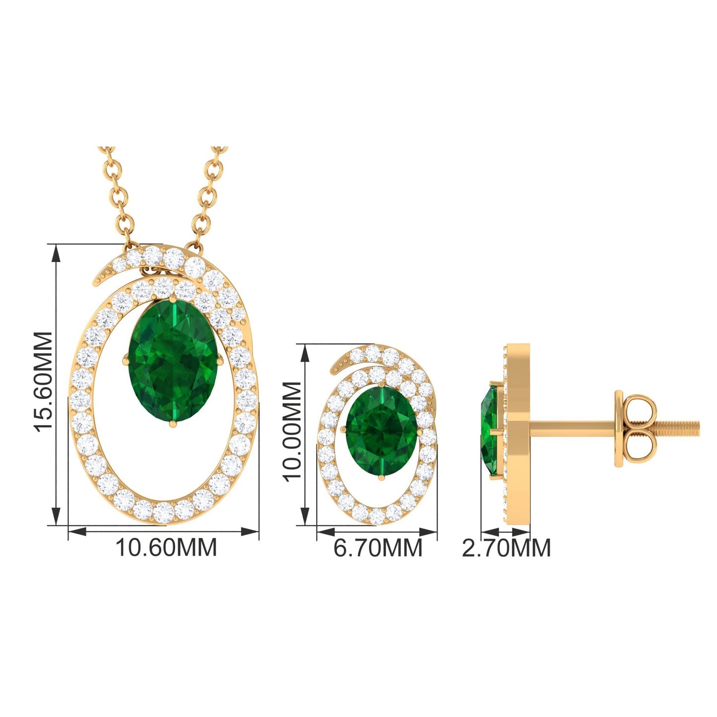 Oval Cut Lab Created Emerald and Moissanite Necklace With Earrings