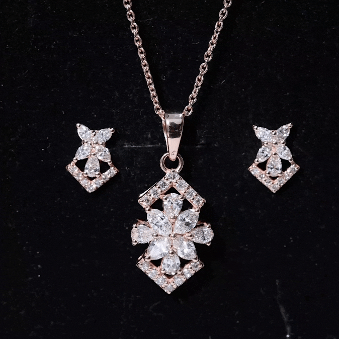 Genuine Diamond Flower Necklace and Earrings Set with Certificate