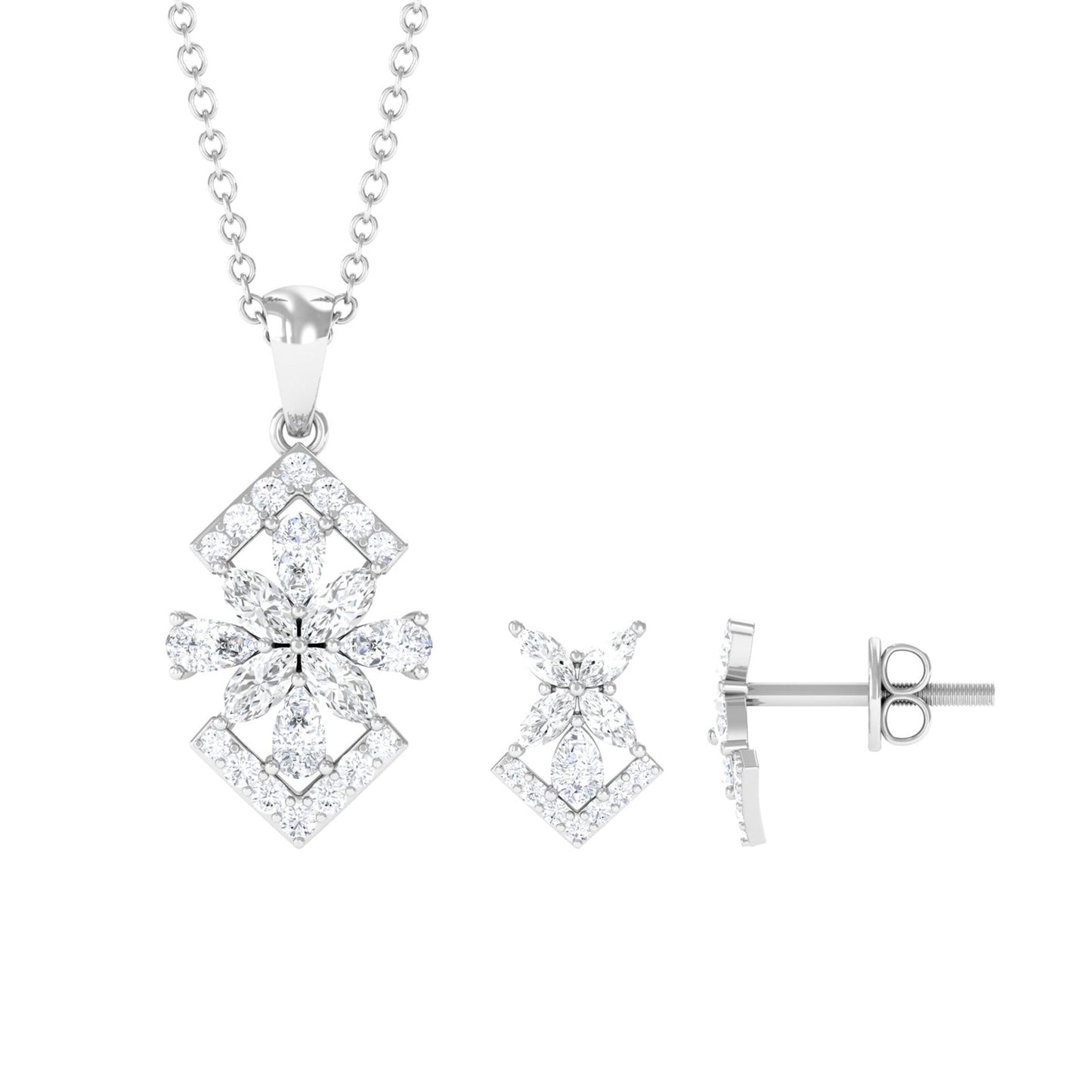 Genuine Diamond Flower Necklace and Earrings Set with Certificate