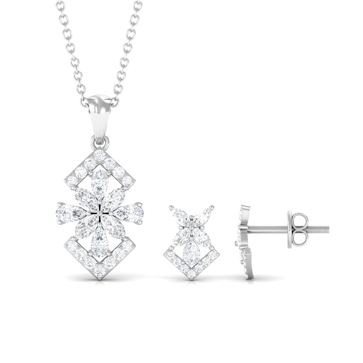 Genuine Diamond Flower Necklace and Earrings Set with Certificate