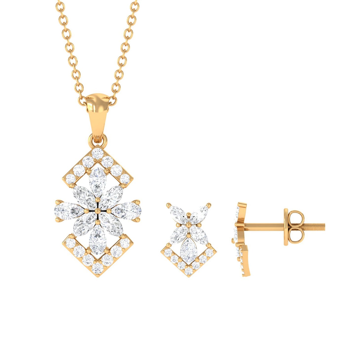 Genuine Diamond Flower Necklace and Earrings Set with Certificate