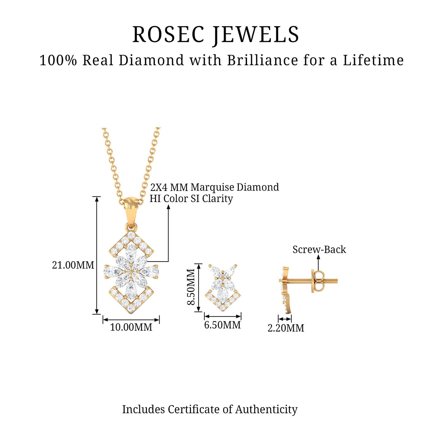 Genuine Diamond Flower Necklace and Earrings Set with Certificate